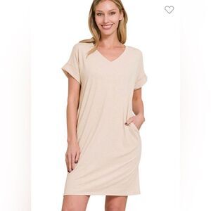 NEW! Beige Short Sleeve V-Neck Dress